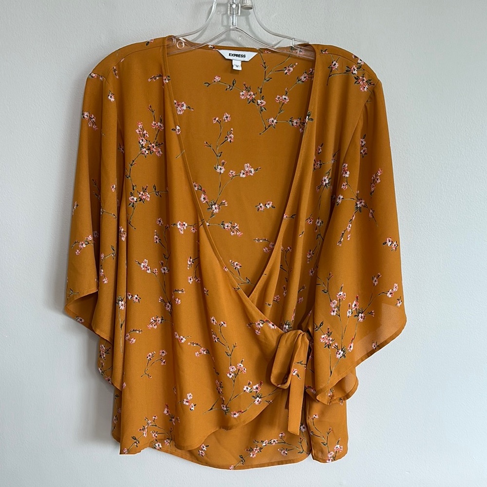 Express Yellow Flutter Sleeve Wrap Floral Print Blouse